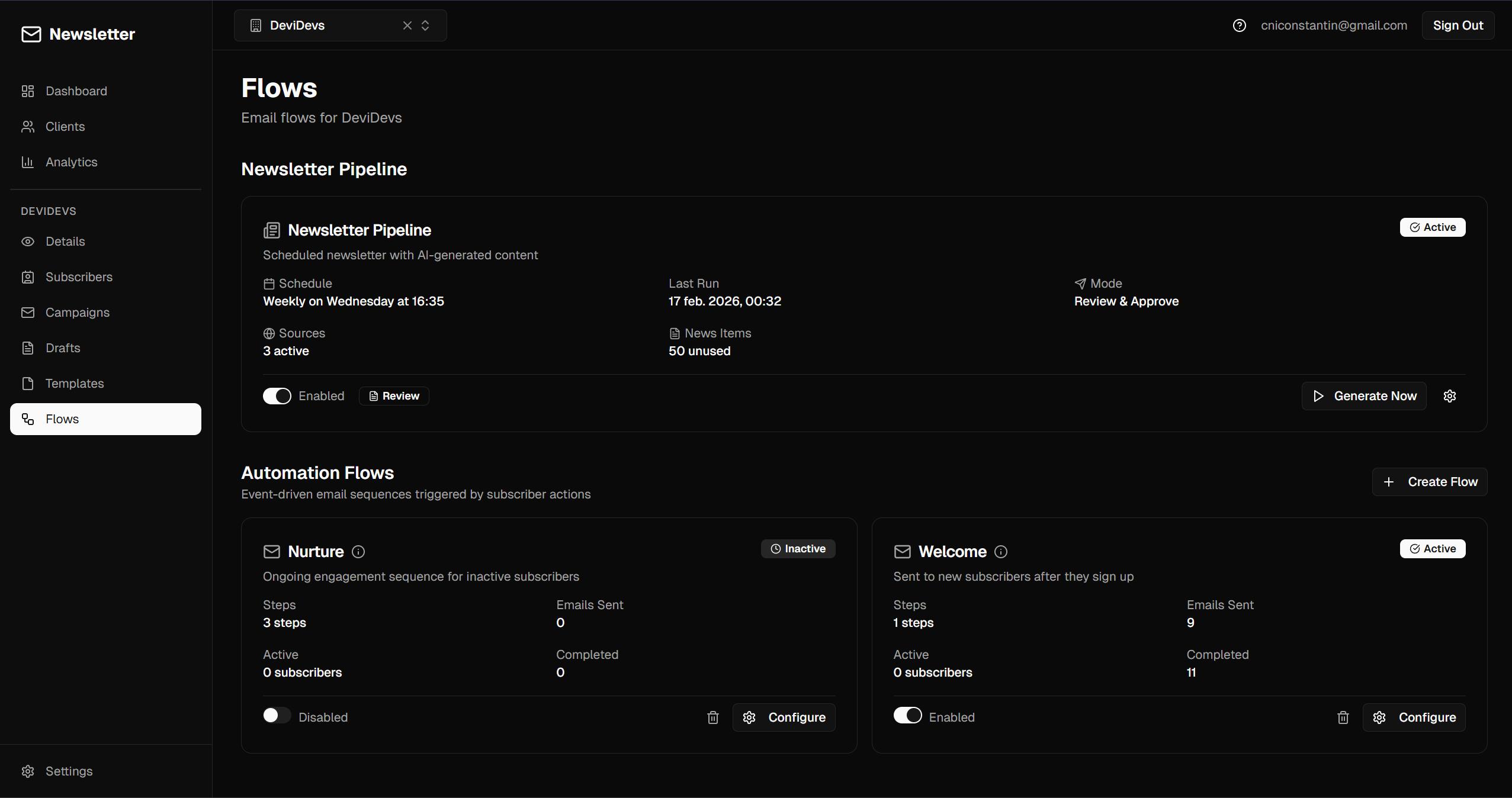 DeviDevs Platform — Flows: automatizări vizuale cu condiții și acțiuni